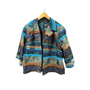 K Woman Collection Jacket Blazer Blue Brown Floral Women 16W Boho Open Front VTG